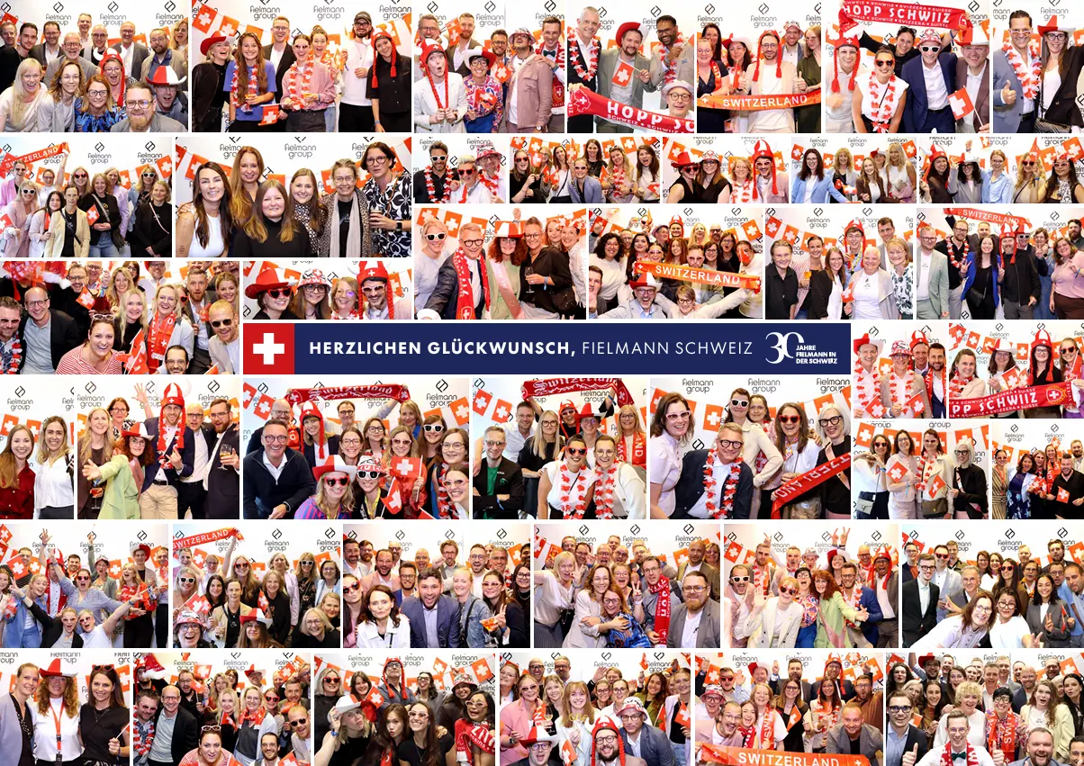 Collage mit Mitarbeitenden, die der Schweiz gratulieren
